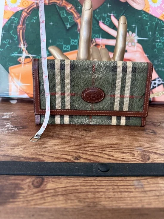 Burberrys Vntg Green Plaid Canvas Leather Trim Wallet - Picture 6 of 8
